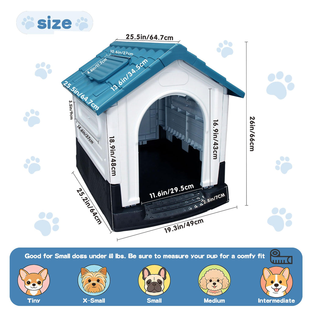 Garvee Small Dog House Outdoor with Air Vents and Elevated Floor for Puppy, Plastic Waterproof Doghouse Sloping Roof, Easy Clean and Assemble, Blue(25.2"D×19.3"W×26"H)