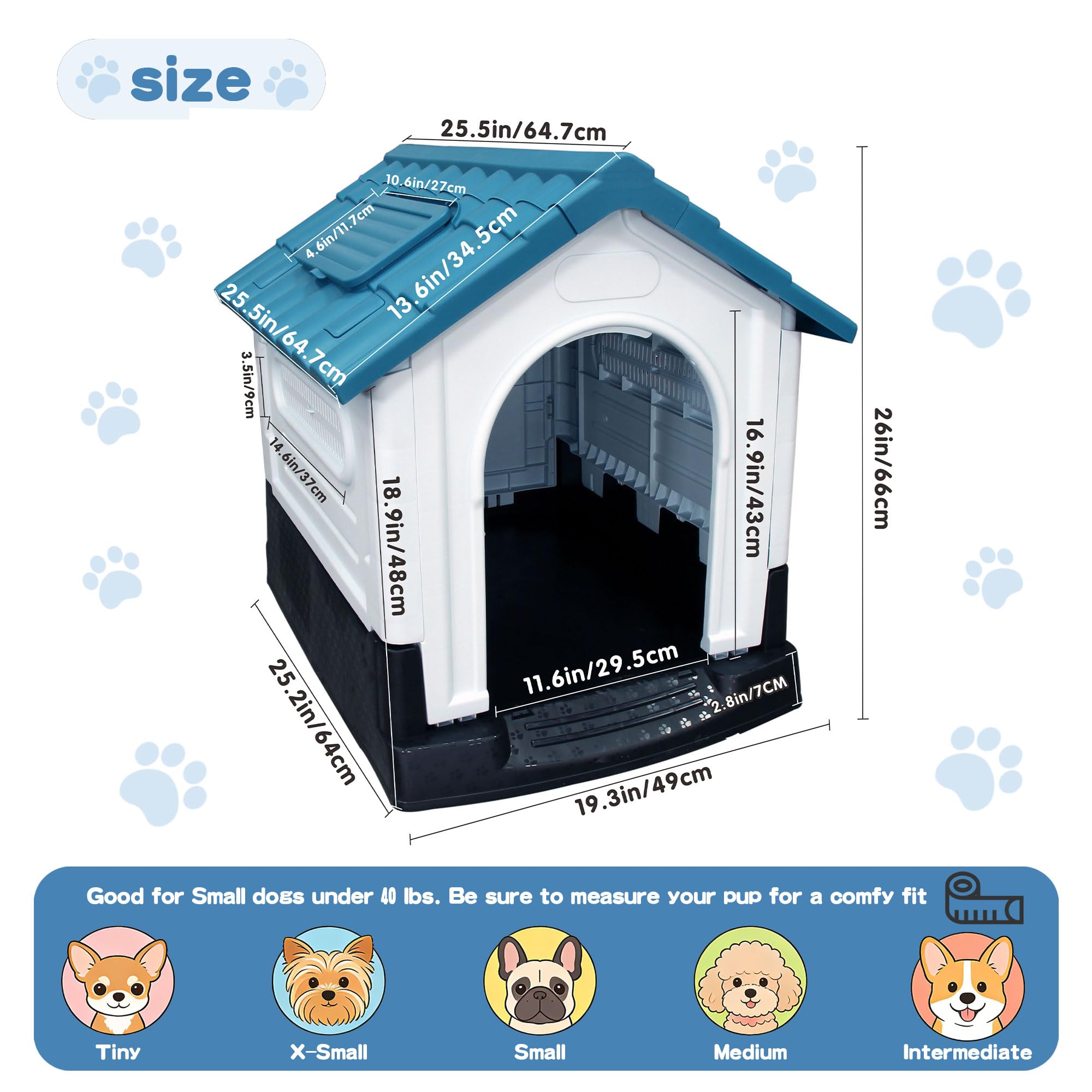 Garvee Small Dog House Outdoor with Air Vents and Elevated Floor for Puppy, Plastic Waterproof Doghouse Sloping Roof, Easy Clean and Assemble, Blue(25.2"D×19.3"W×26"H)