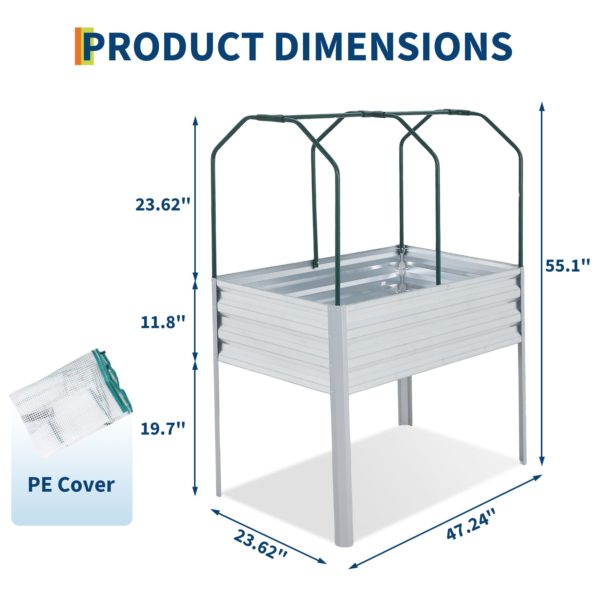 Garvee Raised Garden Bed with Cover 48" × 24" × 30", Silver Galvanized Metal Planter Box with PE Greenhouse Cover, Legs & Drainage Holes