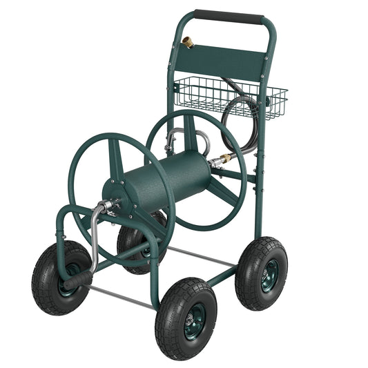 Garvee Garden Hose Reel Cart, 300 FT Capacity, 4 Pneumatic Wheels, 32" × 24" × 38.2" Steel Cart with Storage Basket for Large Yards, Green