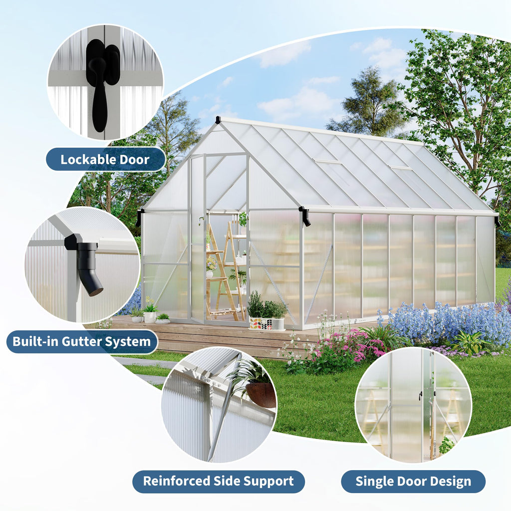 Garvee Heavy Duty 8x16FT Polycarbonate Greenhouse with Aluminum Frame – Double Swing Doors, Roof Vent, Rain Gutter, Quick Setup – Large Walk-In Outdoor Gardening Tent, Silver