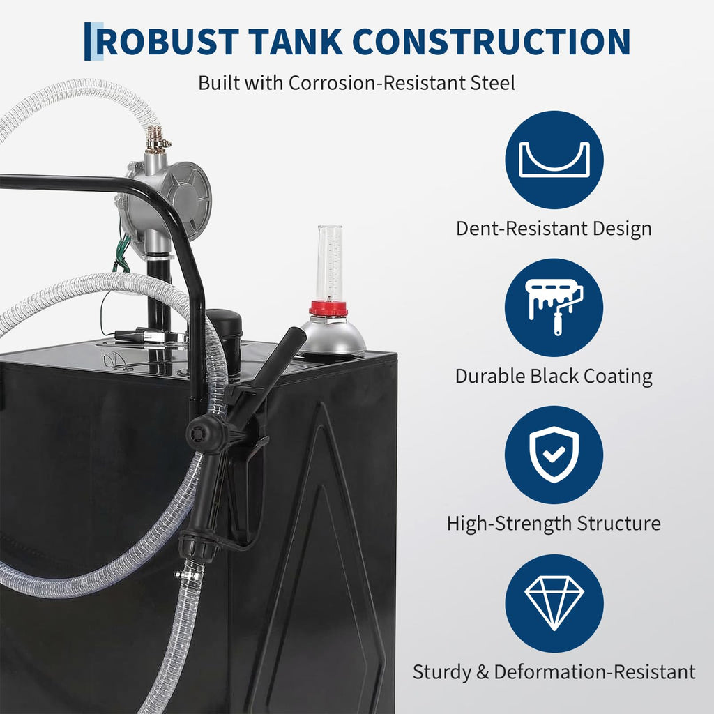 Garvee 35 Gallon Portable Fuel Gas Caddy Storage Tank – Reinforced 2-Wheel, 2-Support Design, Manual Rotary Pump, Fuel Hose, Wide Fill Neck, Level Gauge, Grounding Clamp – Mobile Gasoline/Fuel Transfer for ATV, Tractor, Lawn Mower, Car, Boat – Reinforced