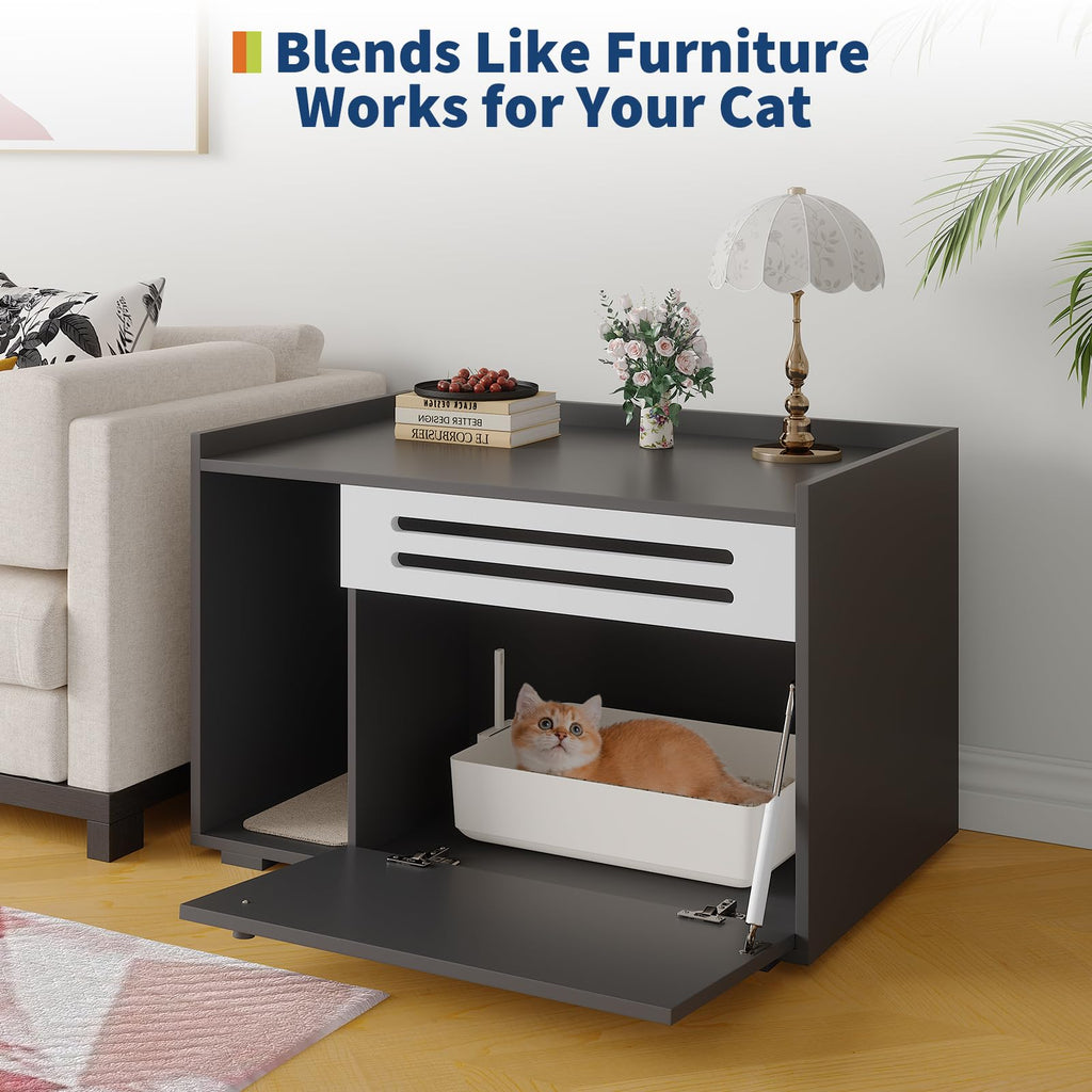 Garvee Dog-Proof & Ventilated Cat Litter Box Enclosure Furniture – Large Modern Hidden Cabinet with Turn-Down Door, Easy to Clean, Indoor Cat Privacy House – Black