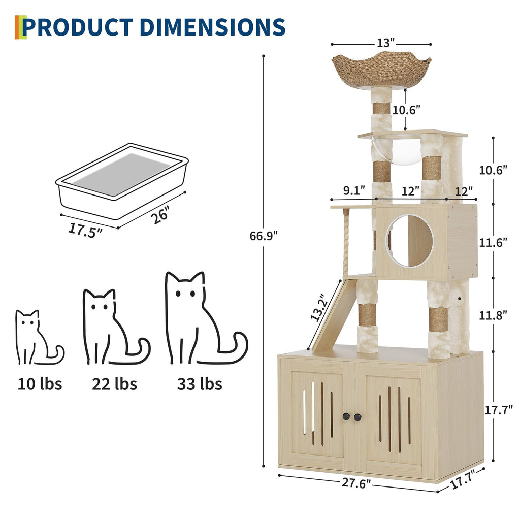 Garvee 66.9-Inch Cat Tree Tower with Litter Box Enclosure, Multi-Level Cat Furniture Featuring Hammock and Washable Cushions, Indoor Cat Tower for Play, Rest, and Privacy, Wood Color