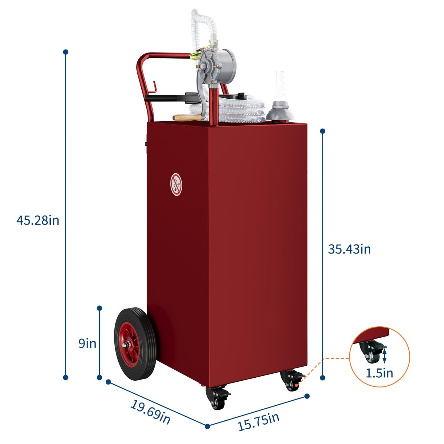 Garvee 35-Gallon Portable Fuel Tank Gasoline Diesel Storage with Manual Rotary Pump Carbon Steel Anti-Static Clamp Four Wheels for Outdoor Use, Red