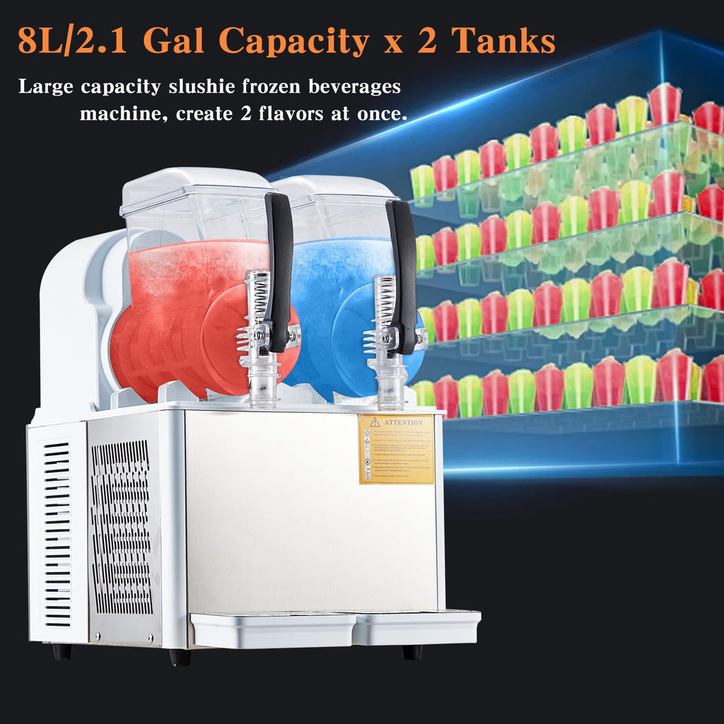 Garvee Commercial Slushie Machine - 4L*2 Capacity, Triple-Tank Options, Stainless Steel, Self-Cleaning, High-Speed Mixing - Ideal for Cocktails, Frozen Drinks, Coffee, Bars, Restaurants, Home,White