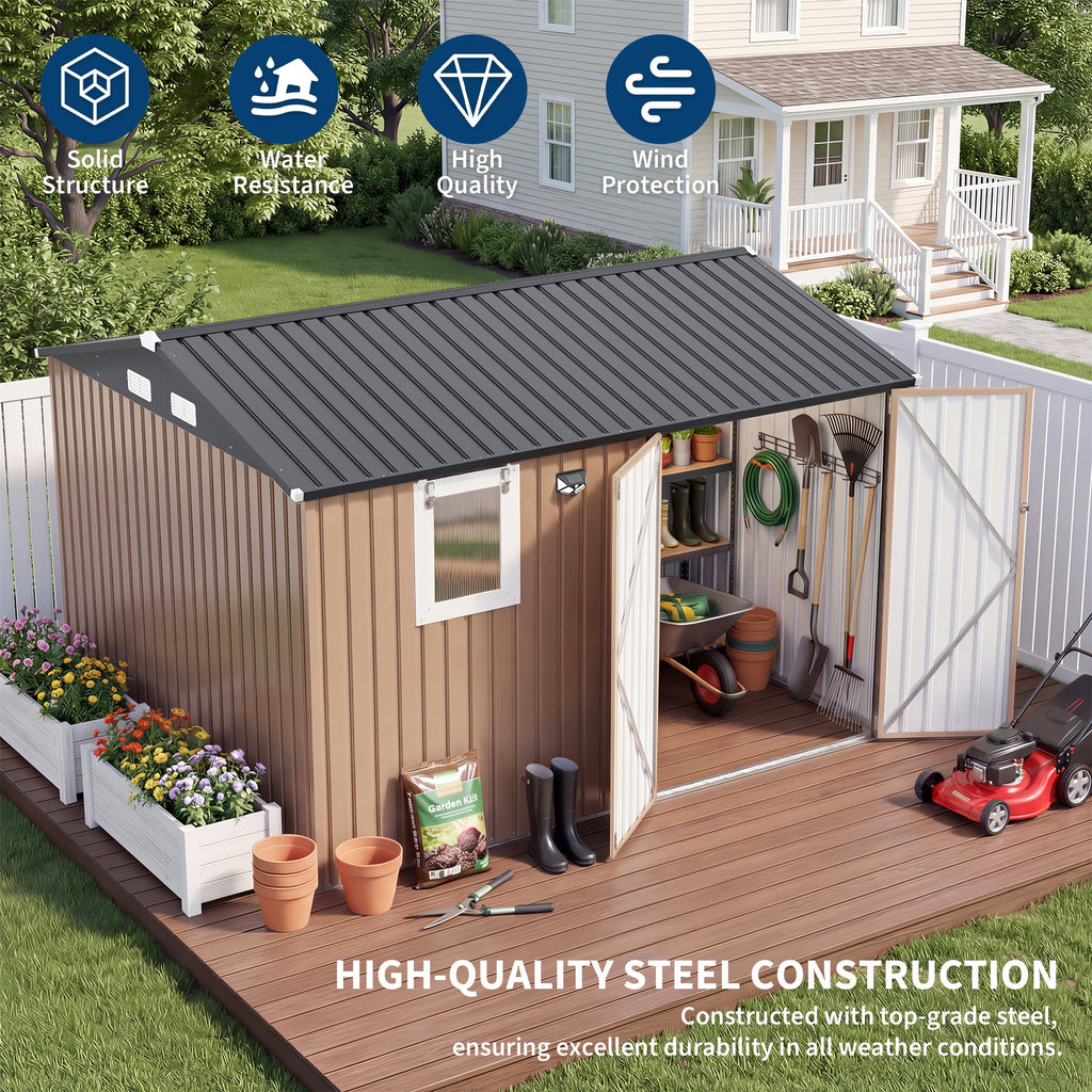 Garvee 10x8FT Brown Metal Outdoor Storage Shed with Pushable Window, LED Light & Pegboard, Lockable Double Doors, Sloping Roof, Ventilation, Corrosion-Resistant Steel Garden Tool Shed for Patio, Backyard & Garage