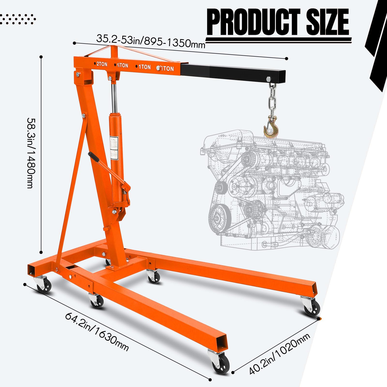 Garvee 2 Ton Folding Hydraulic Engine Hoist Cherry Picker - Heavy Duty 4400LBS Shop Crane - Telescopic Adjustable Boom - 6 Swivel Casters & Lever for Garage, Workshop, Auto Repair - Orange | Segmented Version