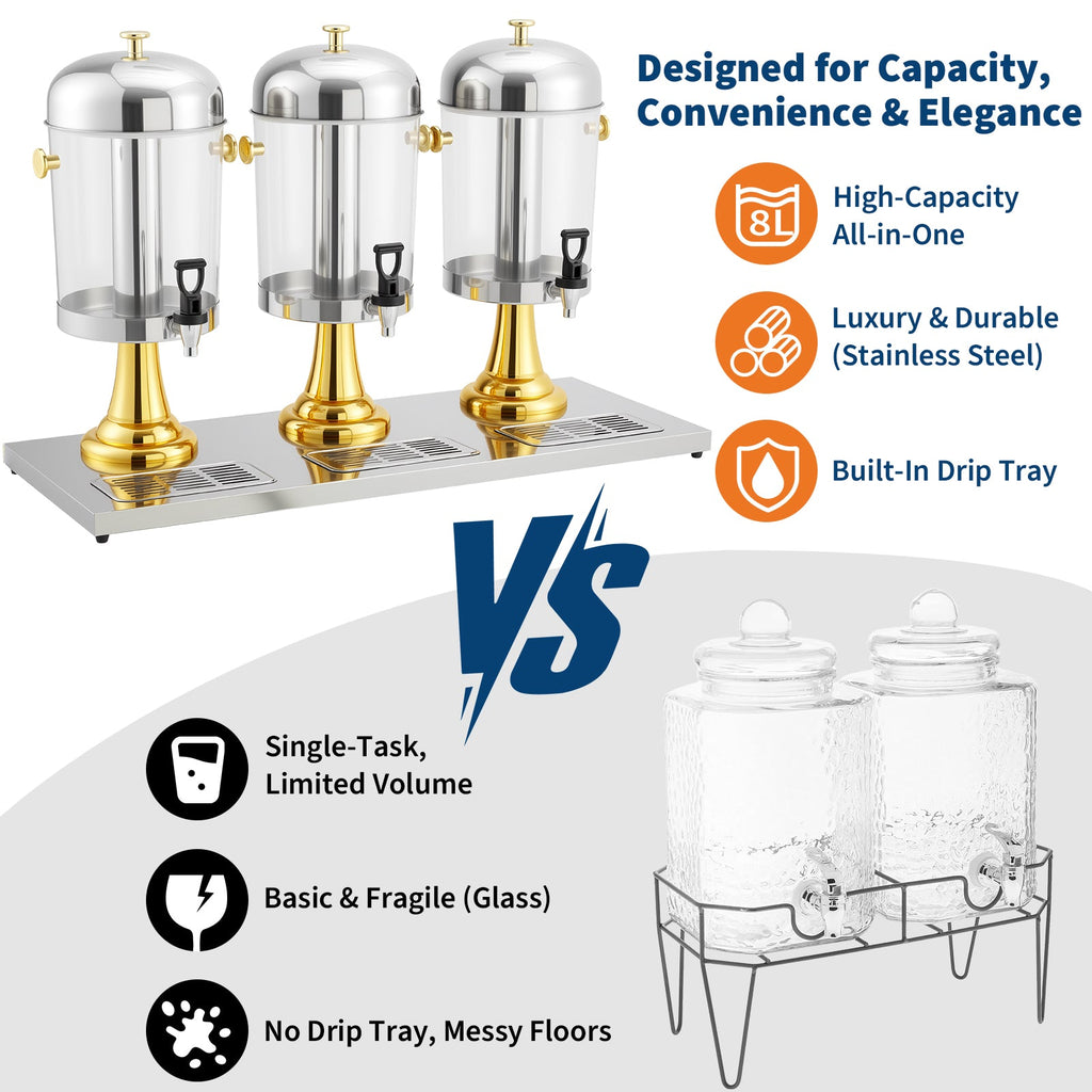 Garvee 6.6 Gallon Commercial Drink Dispenser, Stainless Steel Beverage Dispenser with Ice Core, Stand & Spigot for Cold Juice, Iced Tea and Lemonade at Parties & Weddings, Gold