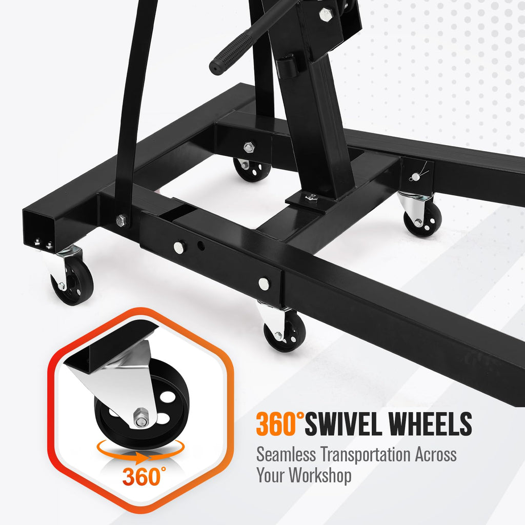 Garvee 2 Ton Folding Hydraulic Engine Hoist with 6 Wheels, Telescopic Boom, Steel Frame, Foldable Design, 4400 Lbs Capacity for Garage Workshop, Black