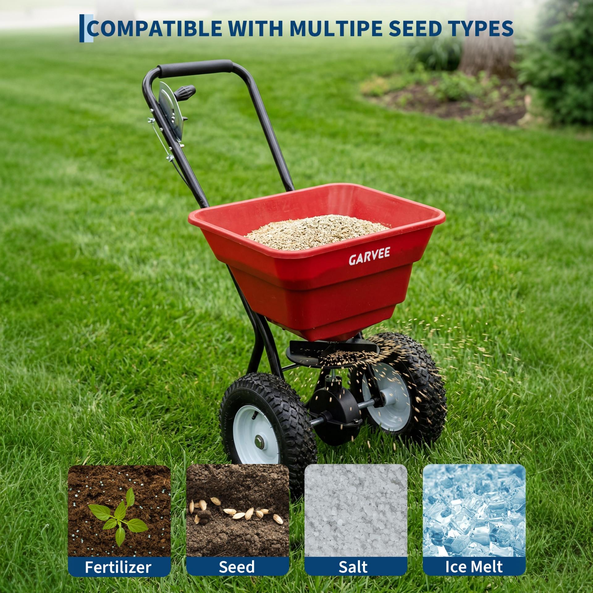 Garvee 80 lb Push Broadcast Spreader, Walk-Behind Lawn & Garden Spreader with 29 L Hopper, 0–12 ft Coverage, 13" All-Terrain Wheels & 20-Level Flow Control for Seed, Fertilizer, Salt & Ice Melt, Red