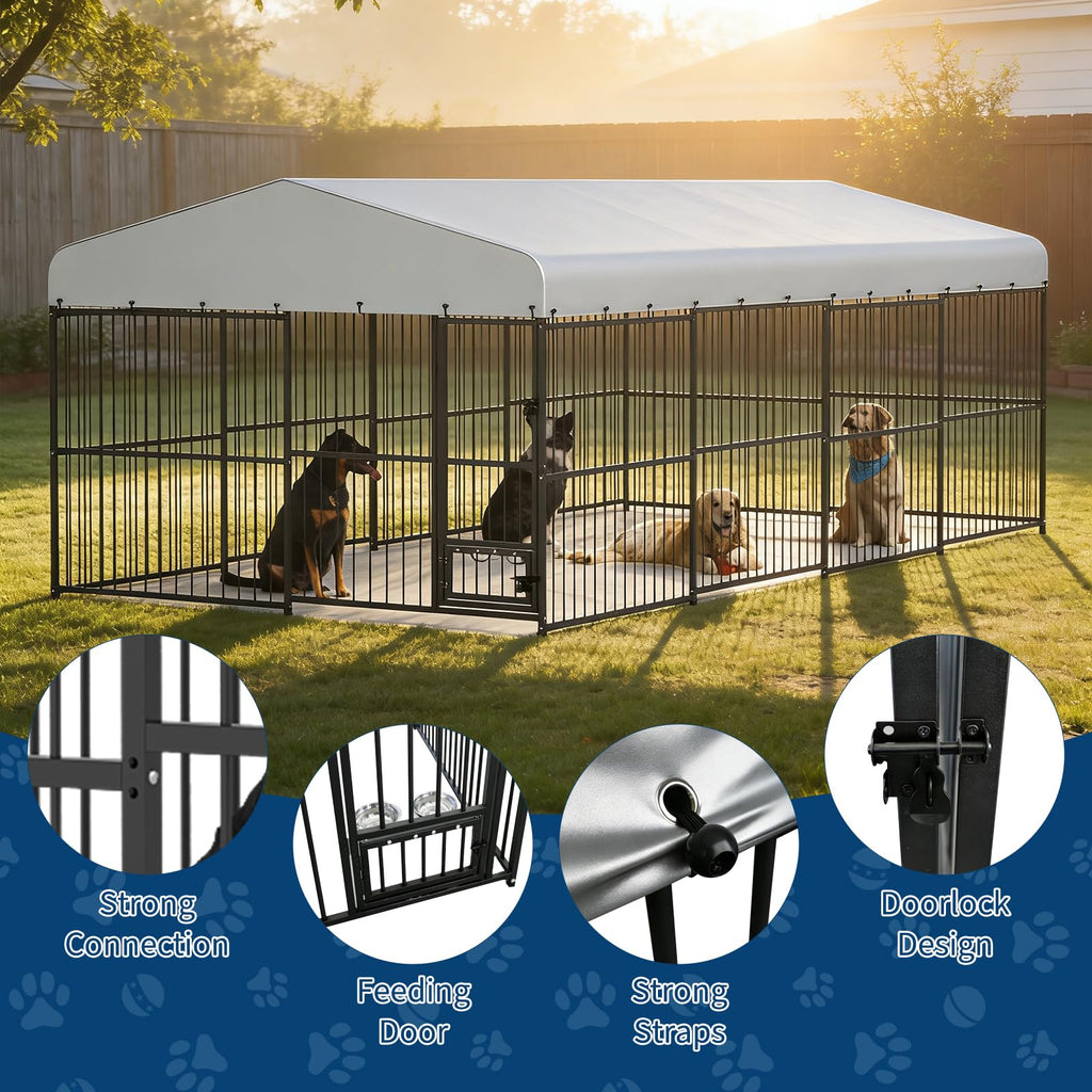 Garvee Outdoor Heavy Duty Large Dog Kennel, Walk-in Dog Cage with Metal Gate & Secure Lock, Large Dog Enclosure with Waterproof Roof, Includes Feeding Doors & Bowls for Backyard, 10x20x6 ft