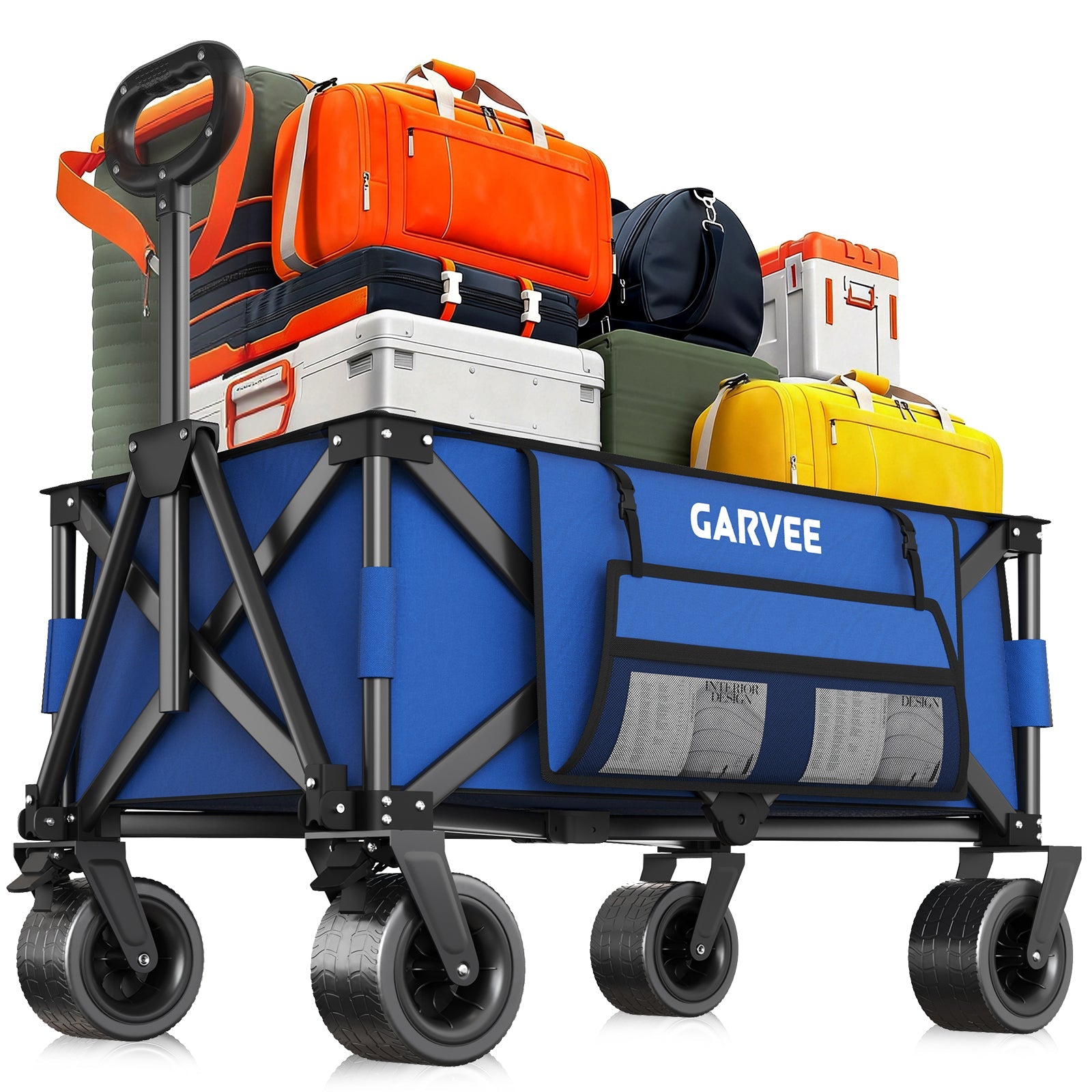 Garvee Heavy Duty Collapsible Garden Wagon Cart, 280L Large Folding Utility Wagon with 460 lb Capacity, All-Terrain Wheels, Side Pockets, Cup Holders & Storage Cover, Blue