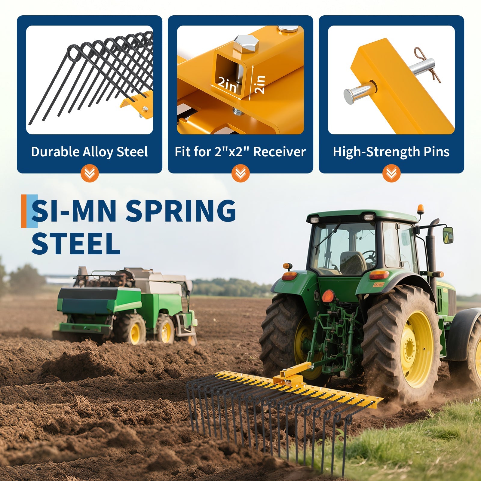 Garvee 48-Inch Tow-Behind Pine Straw Landscape Rake, Heavy-Duty Alloy Steel Tow Lawn Rake with 17 Replaceable Heat-Treated Tines, 2-Inch Receiver Hitch Attachment for UTV, ATV, and Lawn Tractors