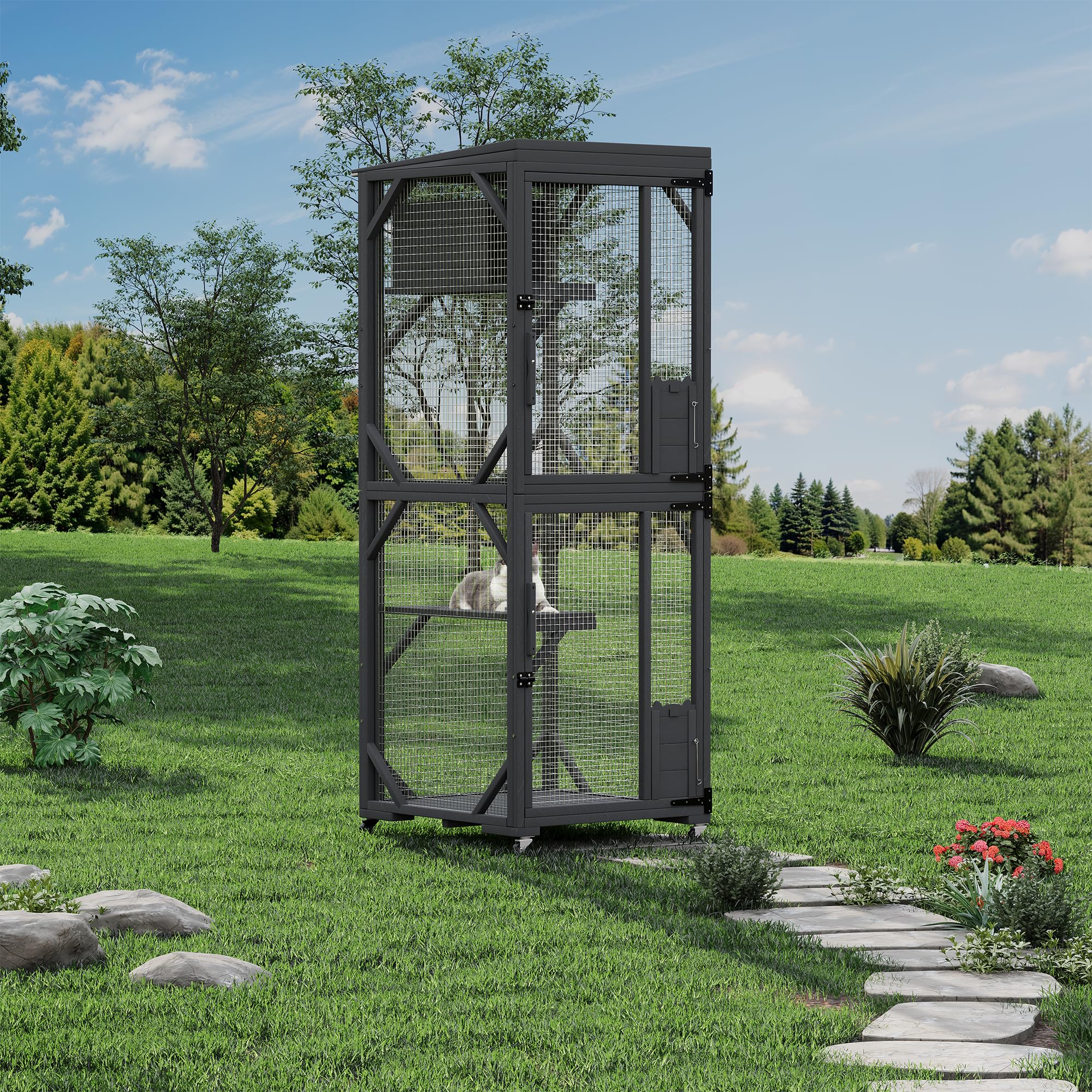 Garvee Outdoor Cats House with 4 Wheels, Walk-in Cat Cage, Catio Outdoor Enclosure Extra Large