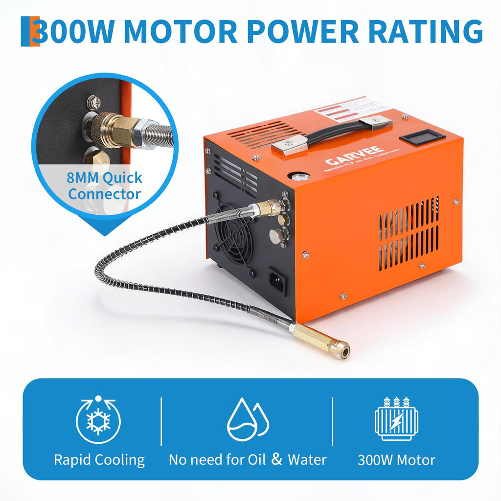 Garvee PCP Air Compressor - 4500PSI/30Mpa, 300W Oil-Free Fast Fill Pump with Built-in Manual Stop, Dual Power (12V DC & 110V/220V AC), Portable Air Pump for Airguns, Air Rifles, Paintball, and HPA Tanks (Compact)