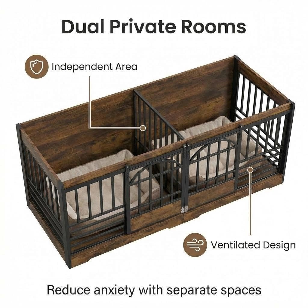 Garvee 78" Extra Large Dog Crate Furniture for 2 Dogs - Double Compartment, Sliding Barn Doors - Engineered Wood, Heavy Duty Steel Bars - Removable Divider, Farmhouse Style - Indoor Living Room, TV Stand