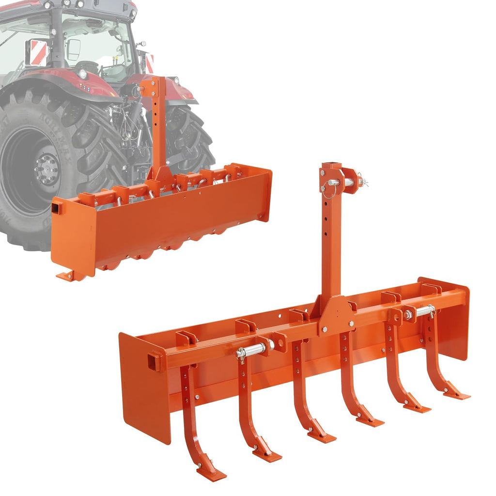 Garvee 55" Heavy Duty Box Blade for Tractor - 6 Adjustable Scarifier Shanks, 3-Point Hitch, Reinforced Carbon Steel, CAT-0 & 1 Compatible, Land Leveling