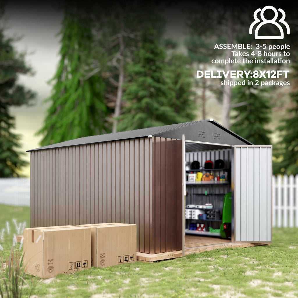 Garvee Spacious 8x12 FT Metal Outdoor Storage Outdoor Storage - Reinforced Frame, Lockable T-Type Door, Weatherproof, Ideal for Garden Tools & Bikes - Brown with Dark Roof