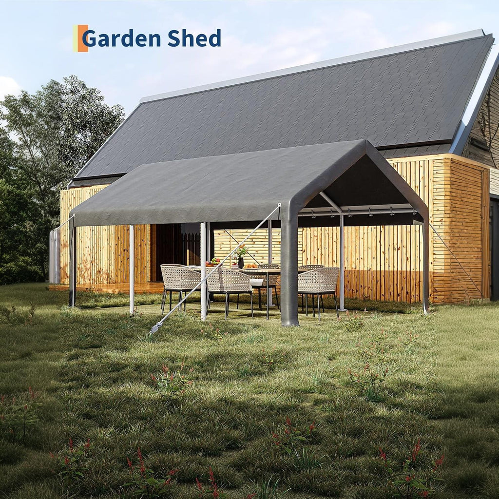 Garvee Portable Garage for Cars & Boats, 10 x 20 FT Steel Carport with 200G PE Canopy, 2 Roll-Up Doors, 4 Windows and Gray Cover