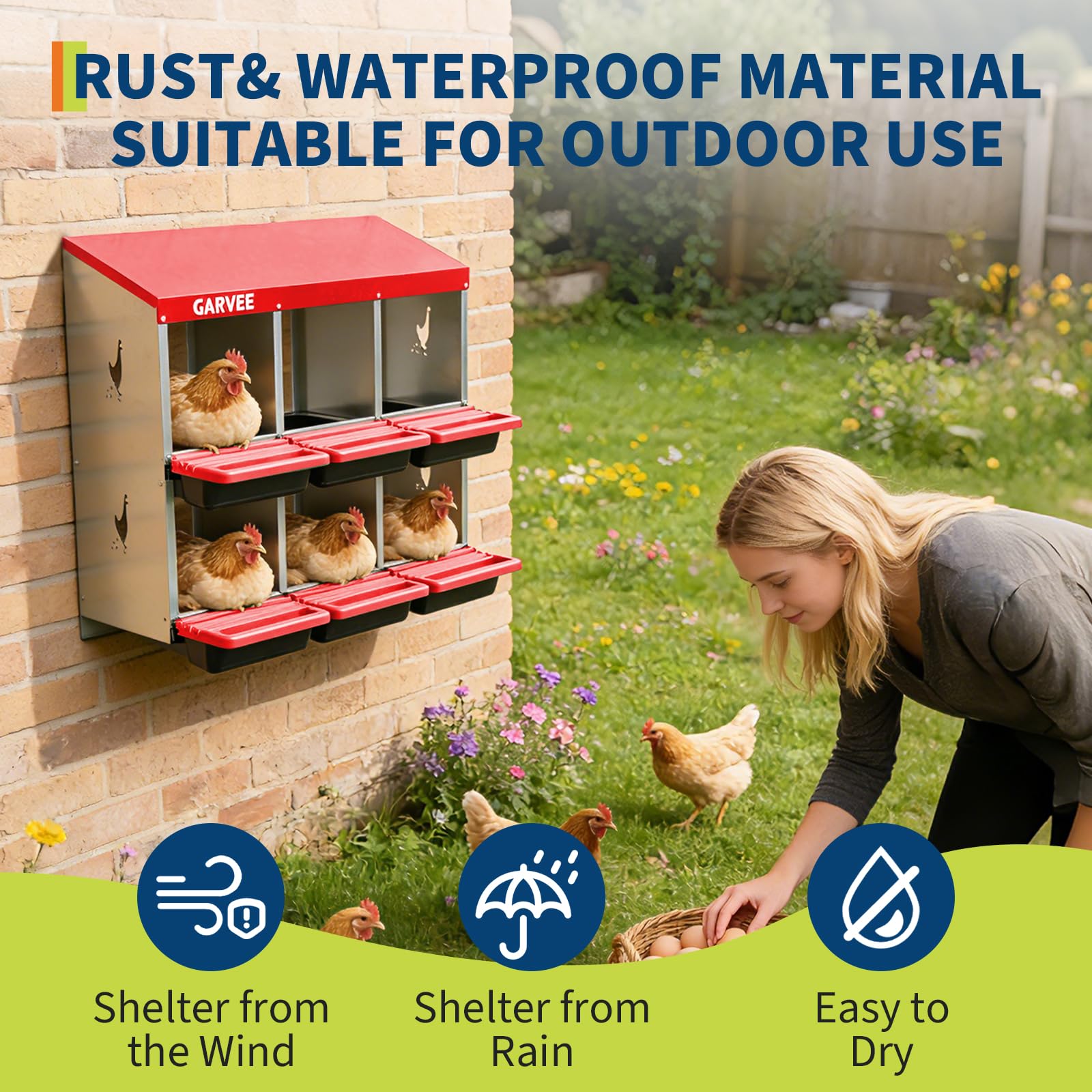 Garvee 6-Compartment Metal Chicken Nesting Box, Roll Away Poultry Laying Box with Sloped Anti-Perch Roof, 31.3"x12.8"x30.9", Red