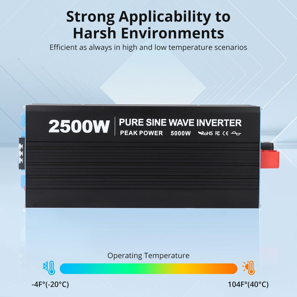Garvee 2500W Pure Sine Wave Inverter — 5000W Peak, 12V→120V AC, Low-Idle Power, Multi‑Battery Compatible (Li/AGM/GEL), 6 Safety Protections