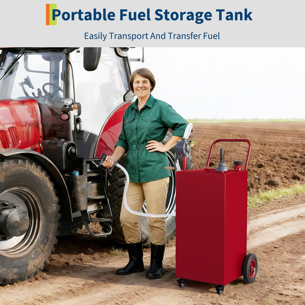 Garvee 30-Gallon Portable Fuel Tank Gasoline Diesel Storage with Manual Rotary Pump, Anti-Static Clamp, Carbon Steel, All-Terrain Wheels, Red, for Vehicles and Boats, Red