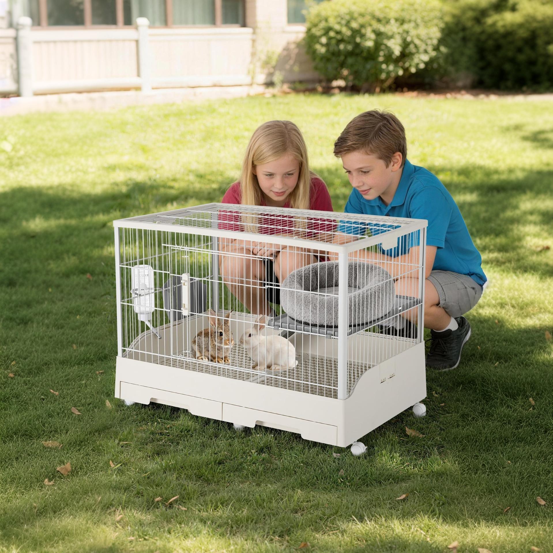 Garvee Small Animal Cage, Durable Large Rabbit Hutch, 33“ Small Animal Cage with 2 Removable Tray, Ramp, 6 Casters, Water & Hay Feeder, Indoor & Out Door Use for Rabbit, Hamster