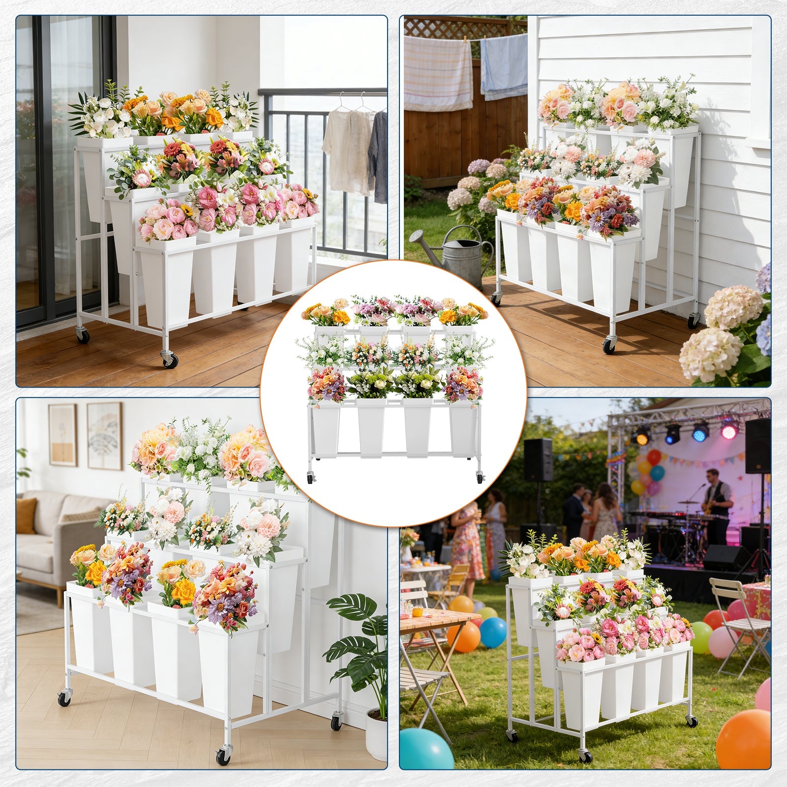 Garvee Flower Display Stand,3 Tier Flower Cart with 12 Round Buckets and Wheels, Moving Flower Cart Display Stand for Garden, Wedding, Flower Shop,White