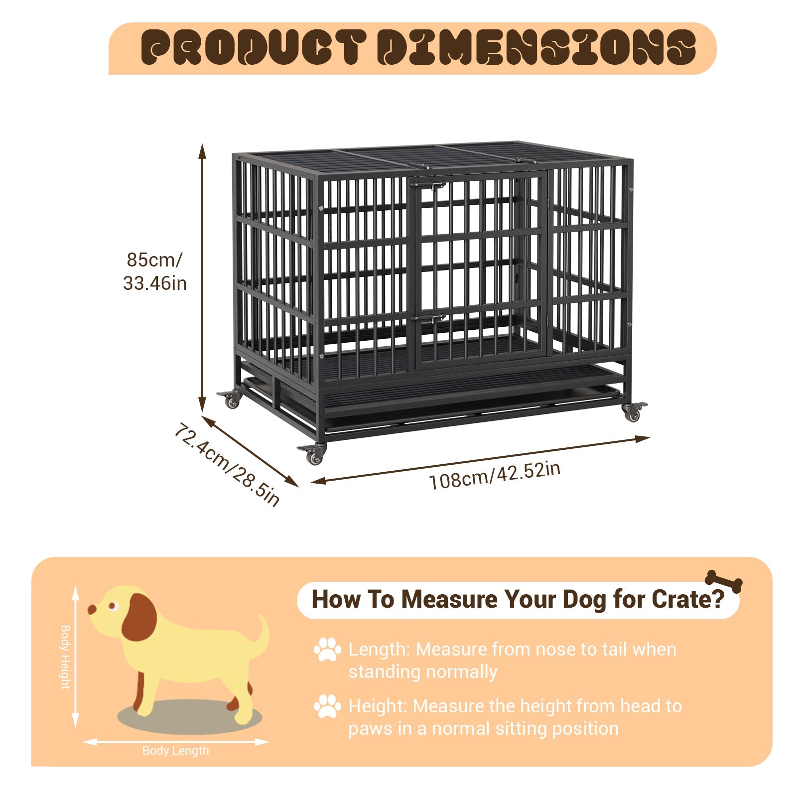 Garvee Heavy Duty Indestructible Dog Crate – Metal Escape-Proof Kennel for Large Dogs, Double Doors, 360° Lockable Wheels, Removable Tray, Easy Assembly – Secure Indoor Pet Cage, Size: 42.5inch
