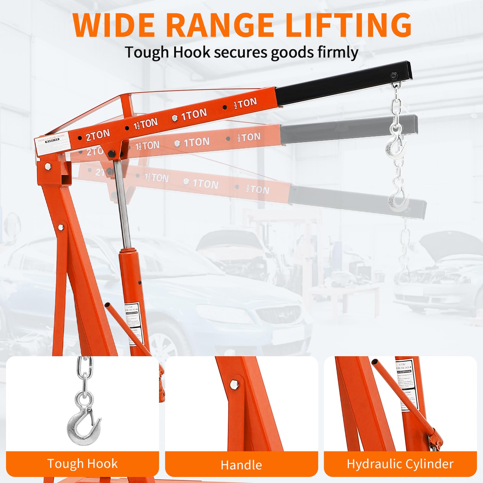 Garvee 2-Ton Hydraulic Folding Engine Hoist Cherry Picker – 4400 Lb Capacity, Telescoping Boom, 6 Caster Wheels – Heavy Duty Shop Crane for Automotive Repair, Garage & Workshop – Orange without stabilizer, 2T