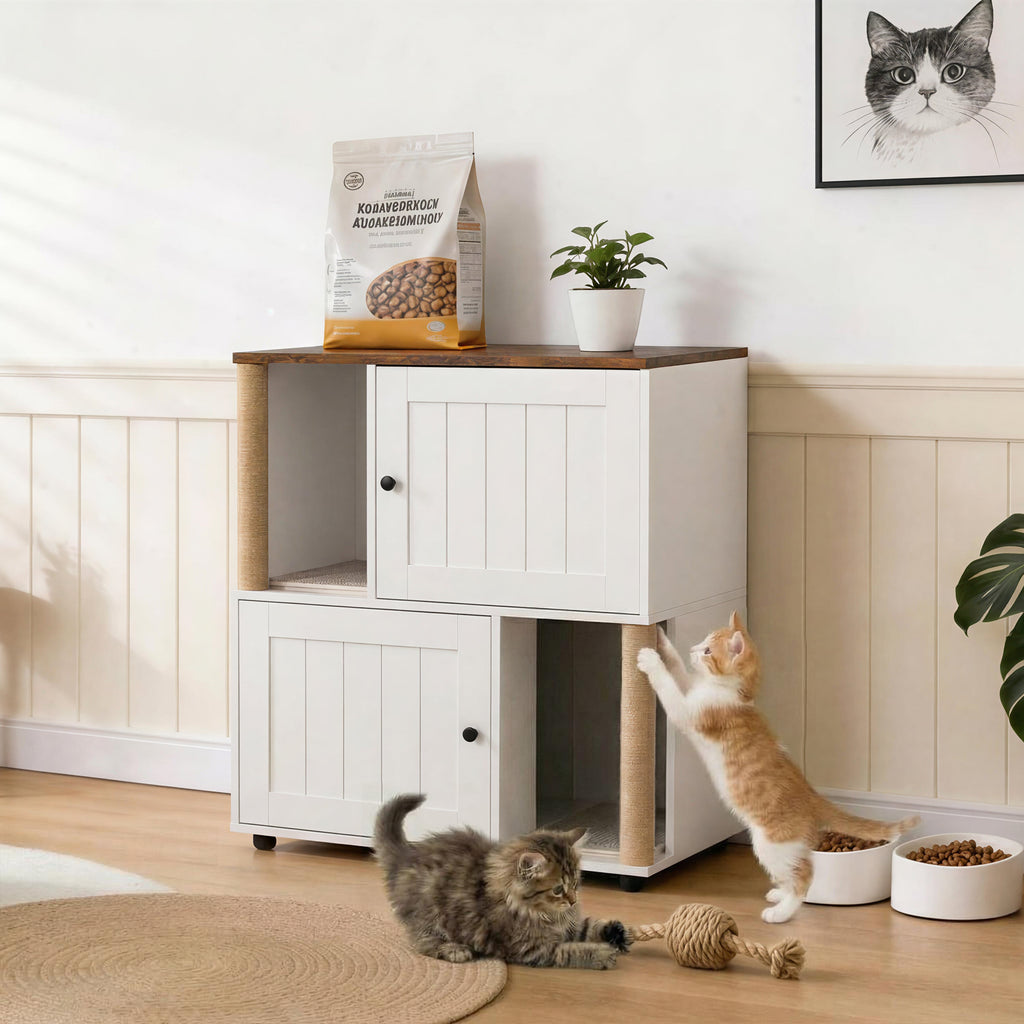 Garvee Double Cat Litter Box Enclosure Furniture for 2 Cats – 2-Tier Modern Cabinet with Hidden Litter Boxes, Sisal Marking Posts, Dual Mats, Odor Control, Dog-Proof End Table – Grooved Door White