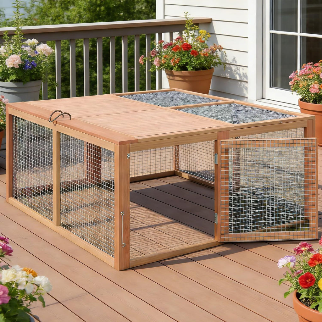 Garvee Portable Folding Wooden Small Animal Cage – No-Assembly Collapsible Hutch for Chickens, Rabbits, Ducks, Guinea Pigs – Sturdy Pine Frame, Easy Access – Secure, Ventilated Outdoor/Indoor Enclosure – Wood Color-1