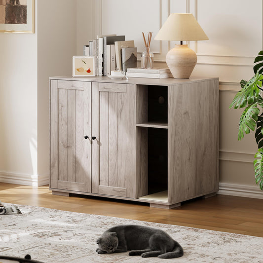 Garvee Dog-Proof Large Cat Litter Box Enclosure with Scratch Pad, Automatic Cleaning, Power Outlet, Wood Material, Dog-Proof Shelf, Spacious Design, Home Use