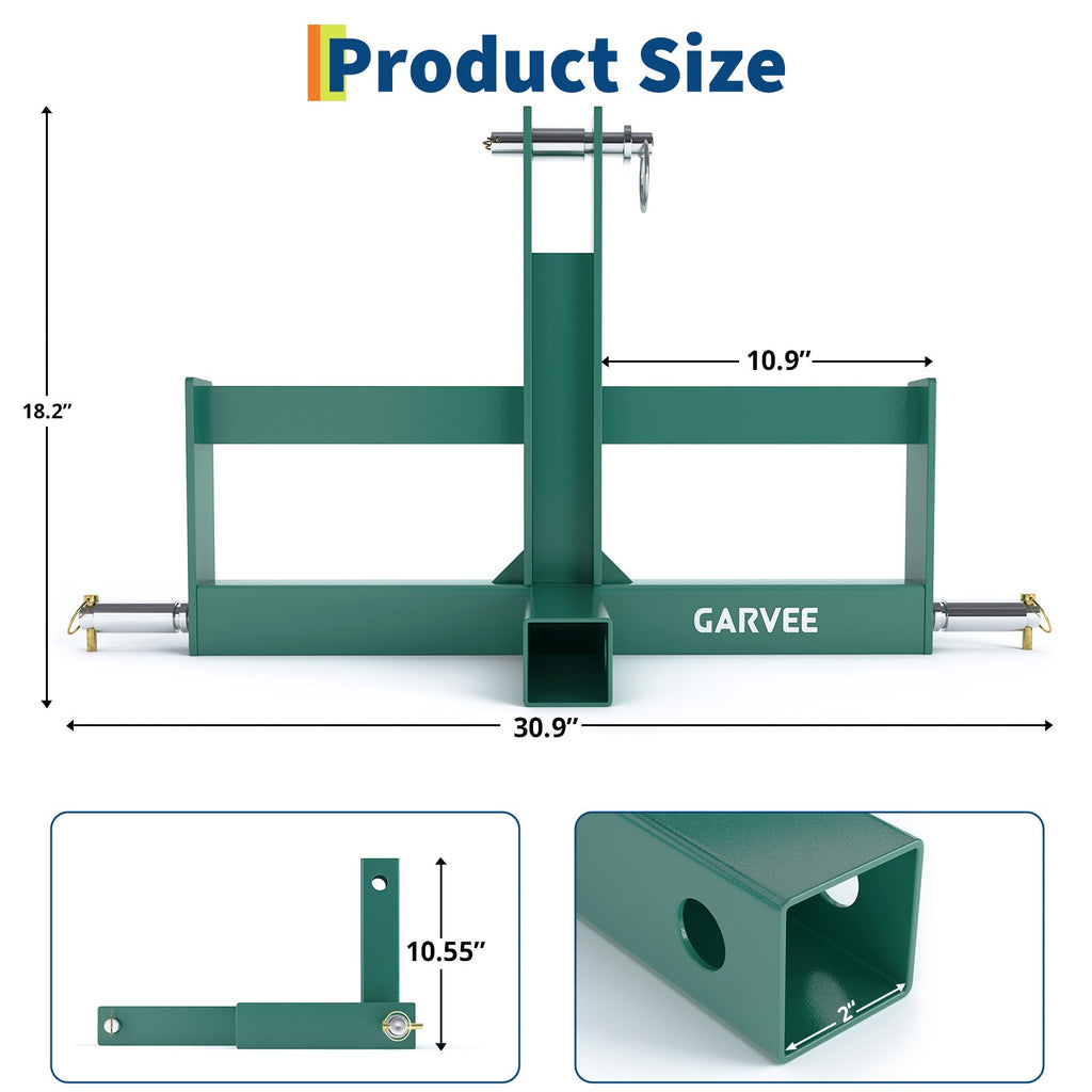 Garvee Robust 3 Point Trailer Hitch Receiver for Tractor – 2" Category 1 Quick Hitch Drawbar Adapter – Includes Suitcase Weight Brackets – Green