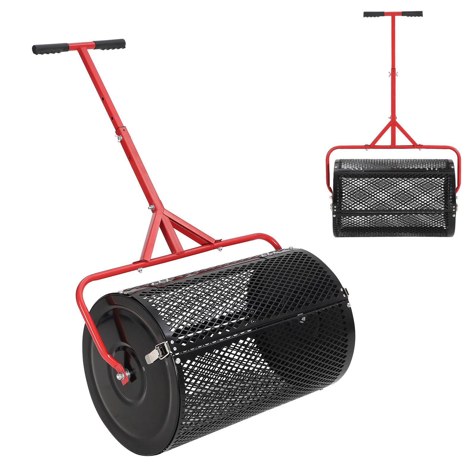 Garvee Efficient Compost and Peat Moss Spreader – 24 Inch Lawn & Garden Seeder Roller with Adjustable T-Shaped Handle, Side Latches, Powder-Coated Metal – Spreads Grass Seed, Topsoil, Fertilizer, Manure – Handle in Red