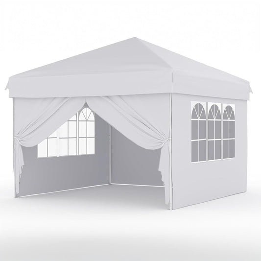 Garvee 10' × 10' Pop Up Canopy Tent with 4 Removable Sidewalls, UPF 50+ Outdoor Shelter with 3 Height Settings, Steel Frame, Carry Bag, Stakes, Ropes and Sandbags, White