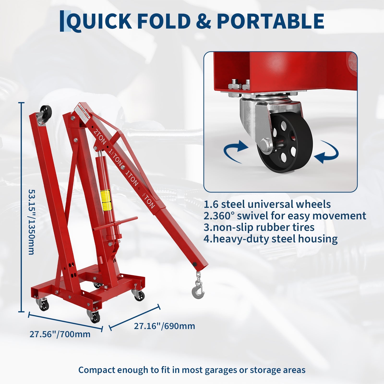 Garvee Heavy Duty 2 Ton Folding Hydraulic Engine Hoist & 3/4 Ton Underhoist Support Stand Combo – Steel Shop Crane Cherry Picker with 4-Position Boom – High-Reach Automotive Lift – Red