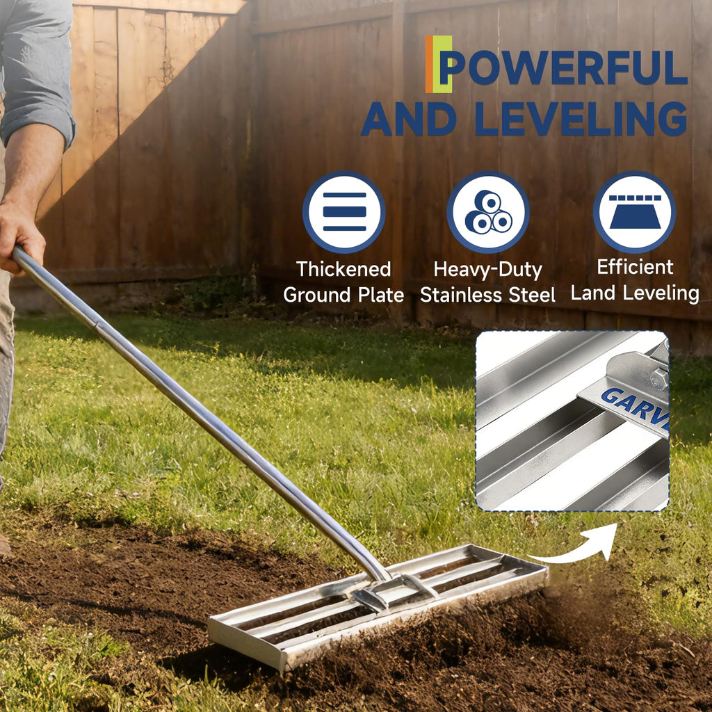 Garvee Professional Heavy Duty Stainless Steel Lawn Leveling Rake – 30x10 Inch, 6.5FT Extended Handle, Yard Leveler and Soil Spreader – With Gloves | Size 30*10 | Handle 6.5FT | Stainless steel | With gloves