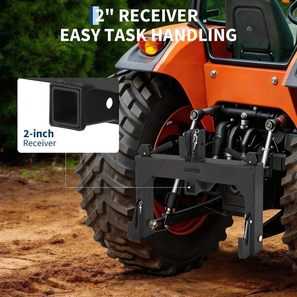Garvee Heavy-Duty Category 1 3-Point Quick Hitch for Tractor, 3000 lbs Lift Capacity with Built-In 2" Receiver, 5-Level Bolt-On Adjustable Top Hook Tractor Attachment, No Bushing Required, Matte Black Finish (24" x 24")