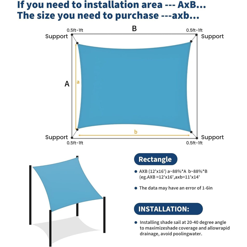 Garvee Heavy Duty UV Block Rectangular Sun Shade Sail Canopy for Outdoor Patio, Garden, Deck, Yard – 12x16FT, Weather Resistant, Easy Installation – Blue