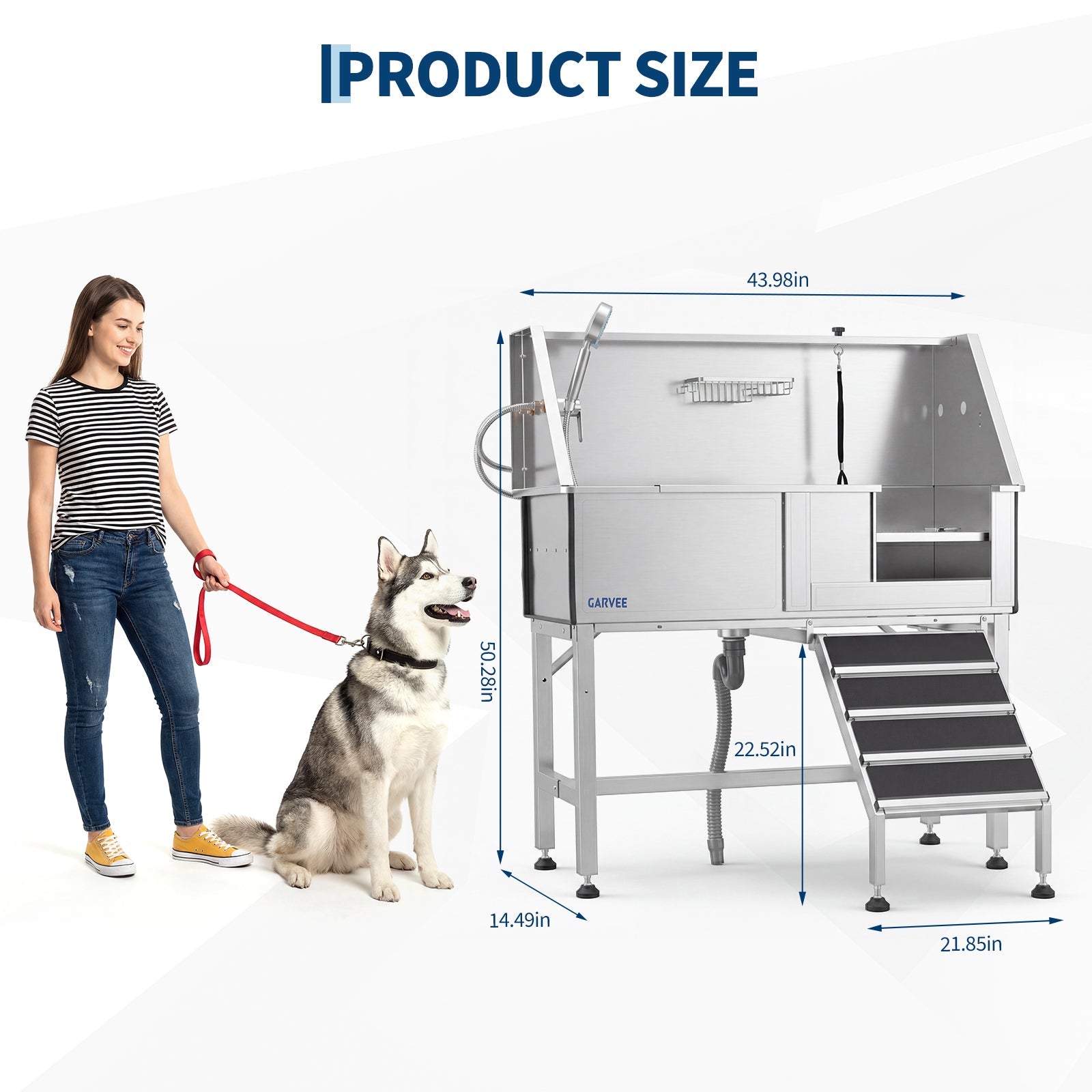 Garvee 46 Inch Stainless Steel Dog Washing Station with Walk-in Ramp, Heavy Duty Pet Grooming Bathtub, Brushed Finish, Right Opening Door