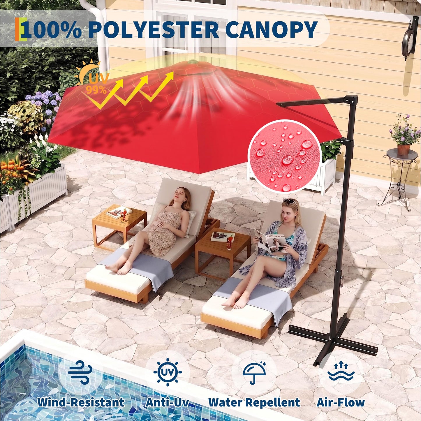 Garvee 9' Cantilever Patio Umbrella, 101.2" W × 94.5" H Offset Parasol with Vented Polyester Canopy for Patio, Red