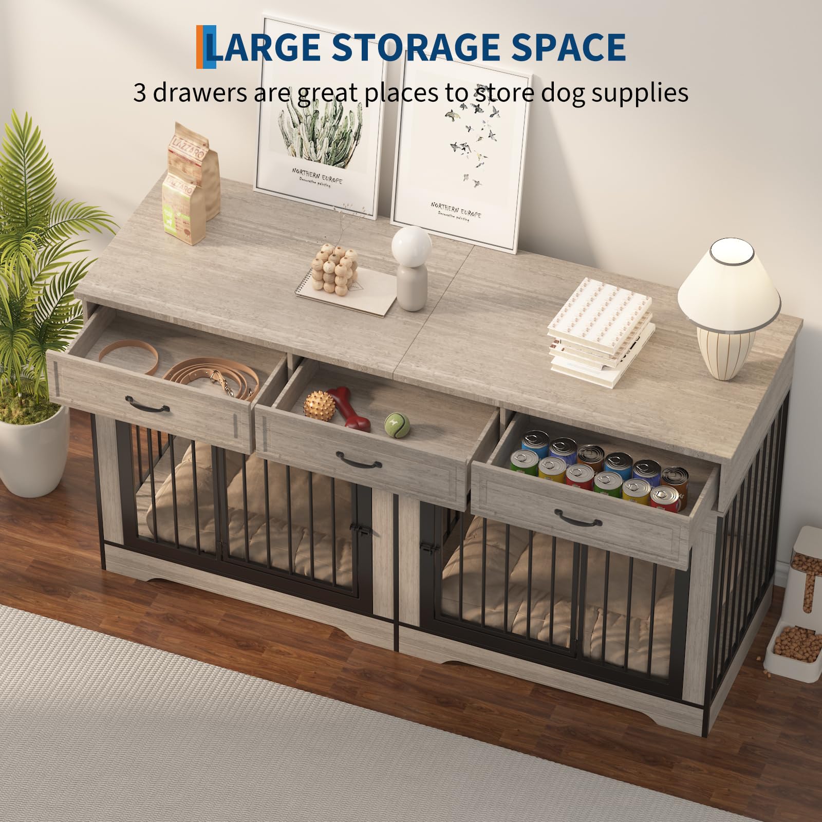 Garvee 71" Dog Crate Furniture for 2 Dogs, Heavy Duty Double Dog Kennel with 3 Drawers, Extra Large Furniture Style Indoor Dog Crate Table TV Stand  for Medium/Large Dogs, Light Gray