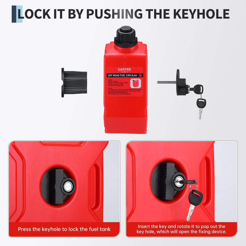 Garvee Secure 5L Portable Gas Can with Locking Mounting Bracket – Heavy-Duty HDPE Fuel Tank for Motorcycle, ATV, UTV, Off-Road – Includes Key Lock, U-Bolt for 1" Tube – US Market, Lockable