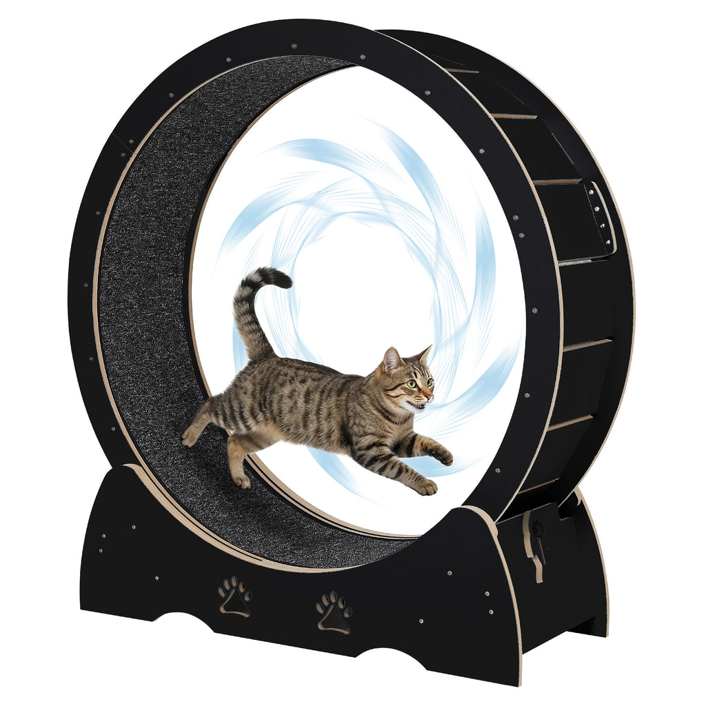 Garvee Large Wooden Cat Exercise Wheel - Quiet Indoor Cat Treadmill with Removable Carpeted Exercise Wheel - Paw Safe Sturdy Training Wheel - Black