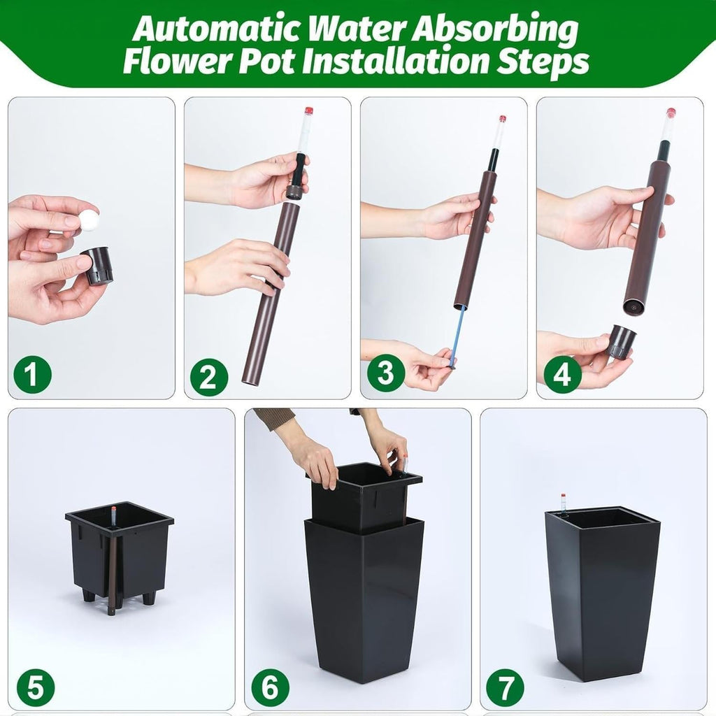 Garvee Self-Watering Planter Pots for Patio and Balcony, 4-Pack 16-Inch Black Plastic Flower Pots with 4 Inner Buckets and Water Gauges