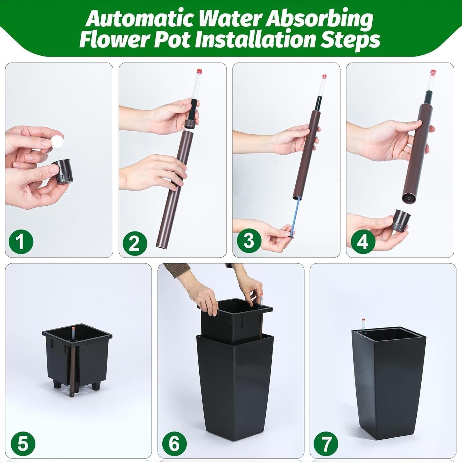 Garvee Self-Watering Planter Pots for Patio and Balcony, 4-Pack 16-Inch Black Plastic Flower Pots with 4 Inner Buckets and Water Gauges