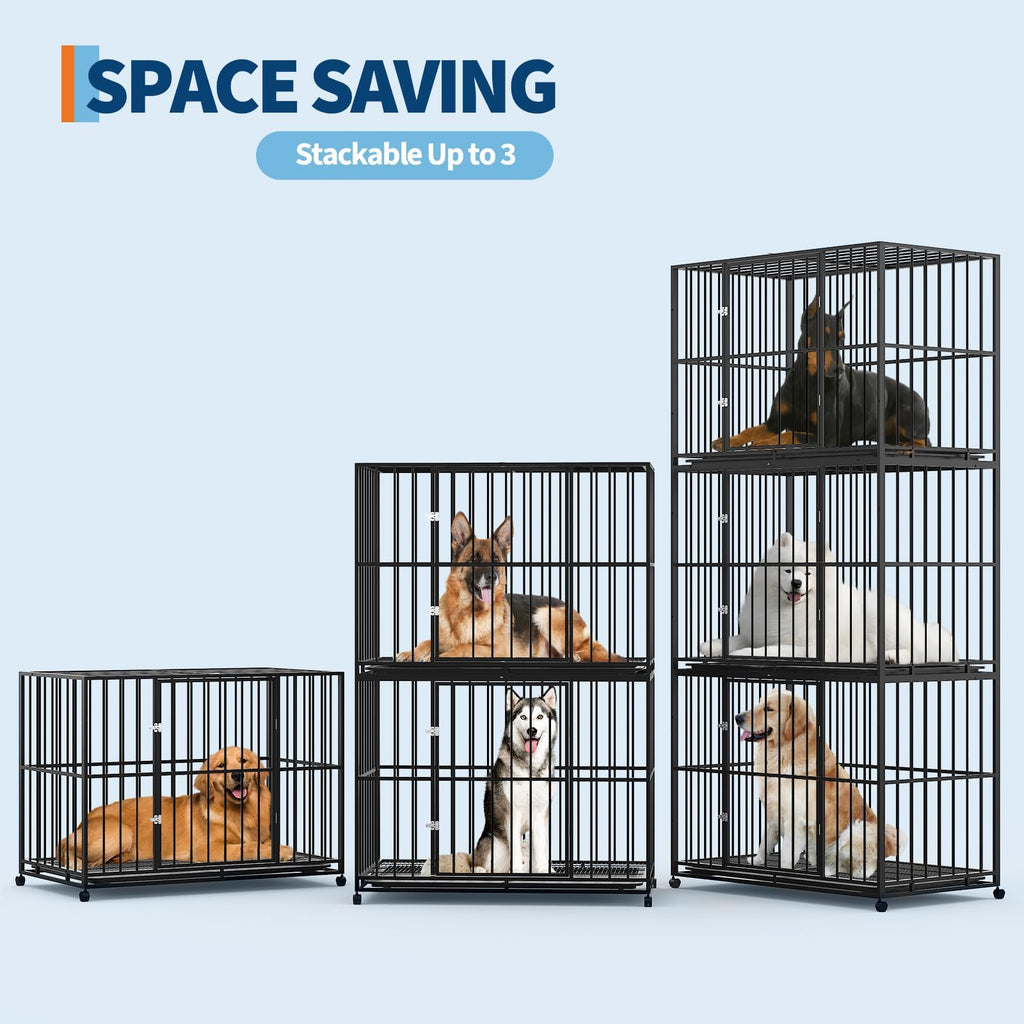 Garvee 48 Inch Dog Crate for Large Sized Dogs, Heavy Duty Stainless Steel Indoor Kennel Escape-Proof with Wheels and Removable Tray, Indestructible Dog Cage Stackable for High Anxiety Dogs