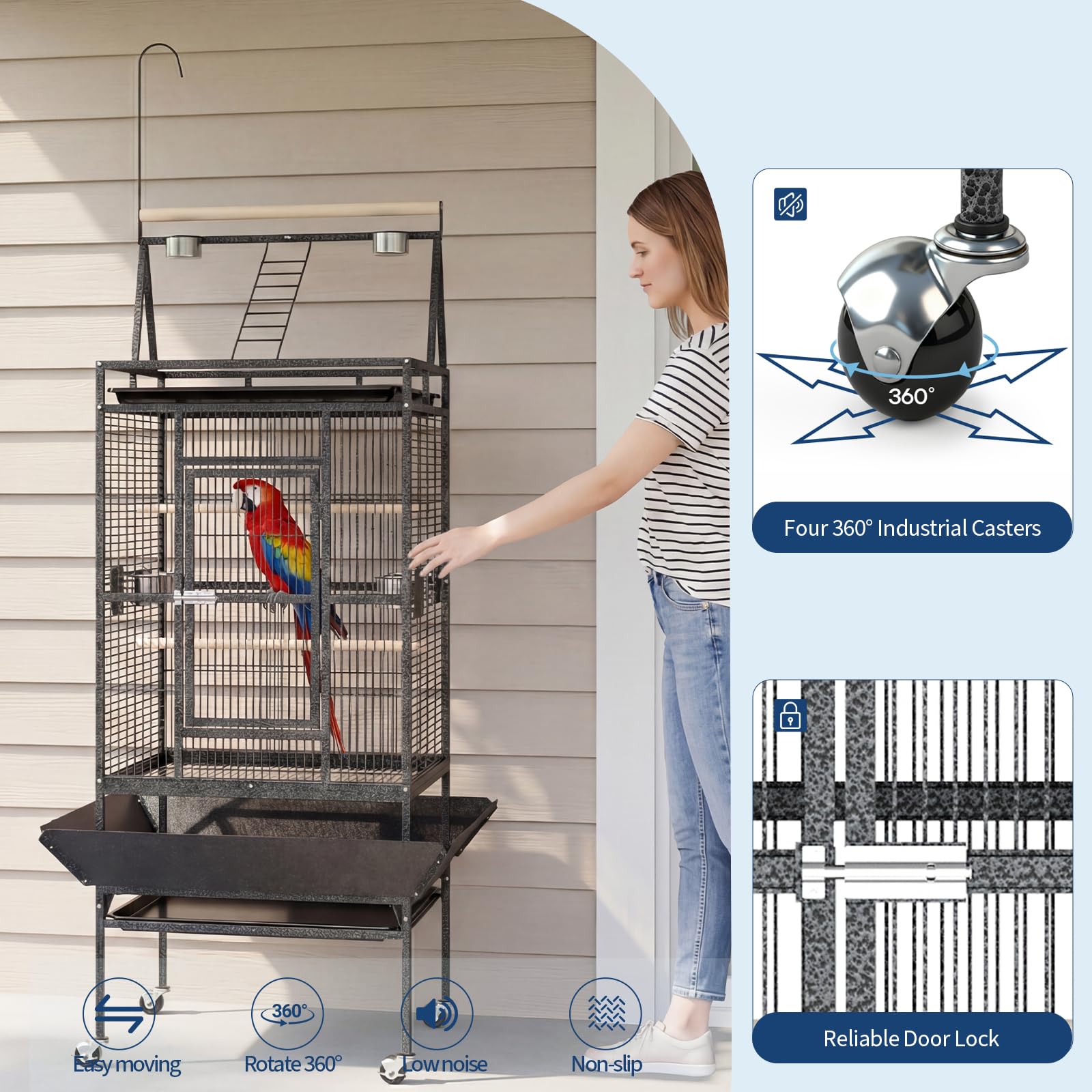 Garvee Extra Large 82" Parrot Cage with Play Top & Rolling Stand, Heavy Duty Wrought Iron Aviary – Spacious, Secure, Easy to Clean – Removable Tray & Rope Perch – Ideal for Parrots, Parakeets